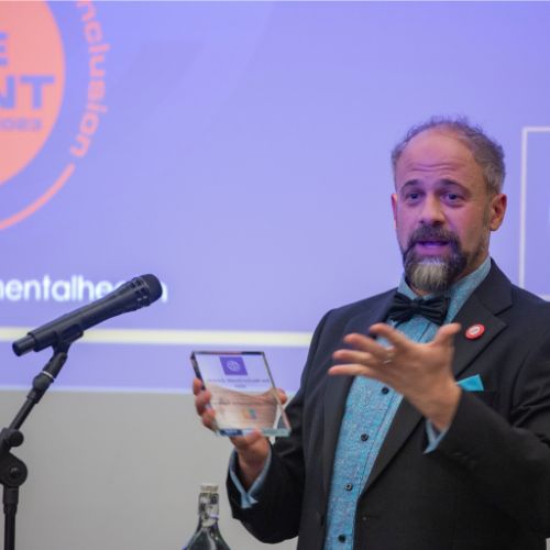 Image shows Face Front Theatre accepting their Award at the 2025 Ceremony